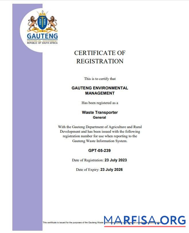 Downloadable South Africa certificate of registration real example